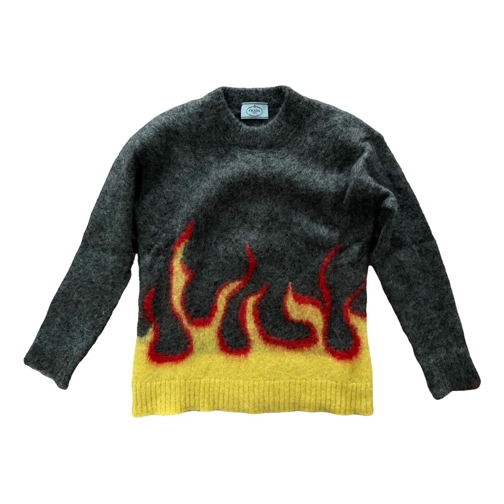 Prada Gray Sweater with Red and Yellow Flame Design